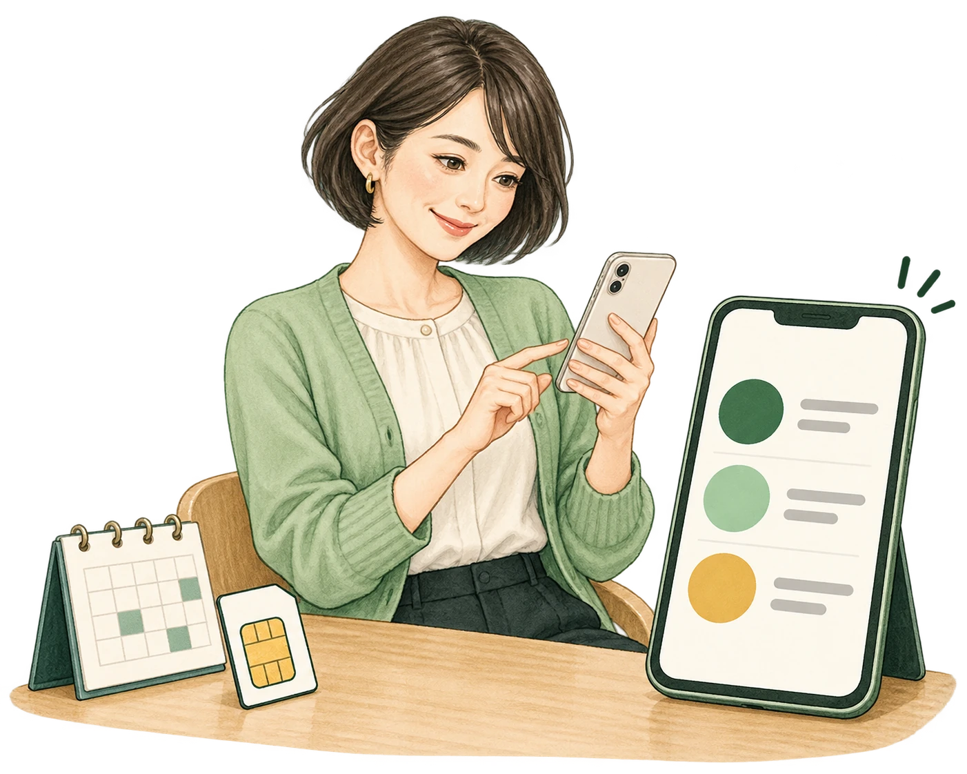 スマホとSIMカードのそばで、プランの条件を確かめる人のイメージ