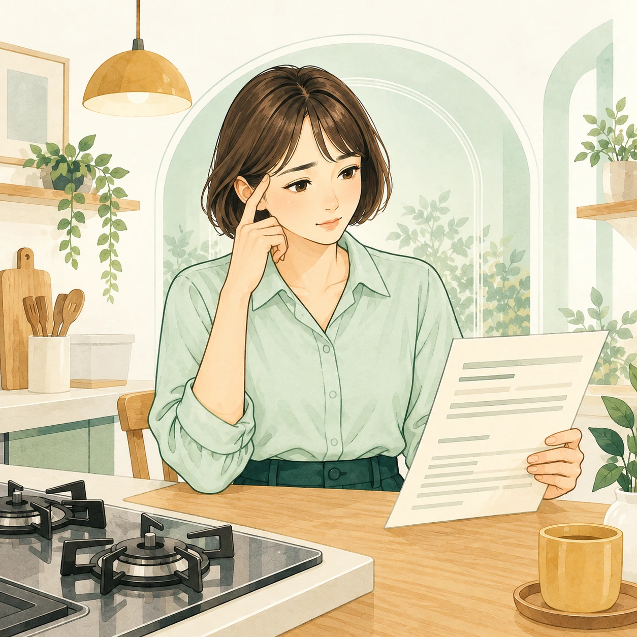 請求書を前に、ガス代が高いと困っている人のイメージ