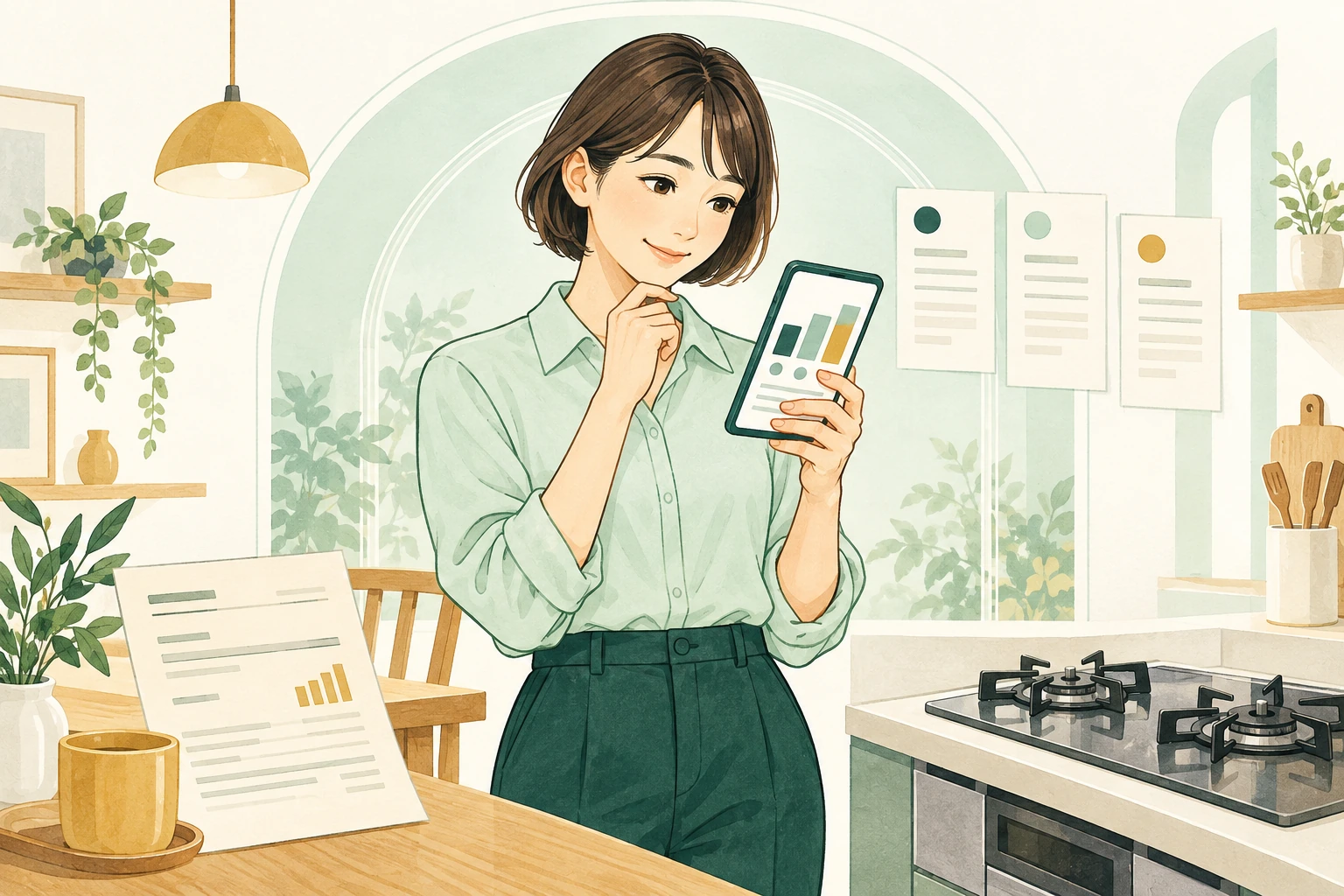 請求書とガスコンロのそばで、スマホの画面を見て料金を比べる人のイメージ