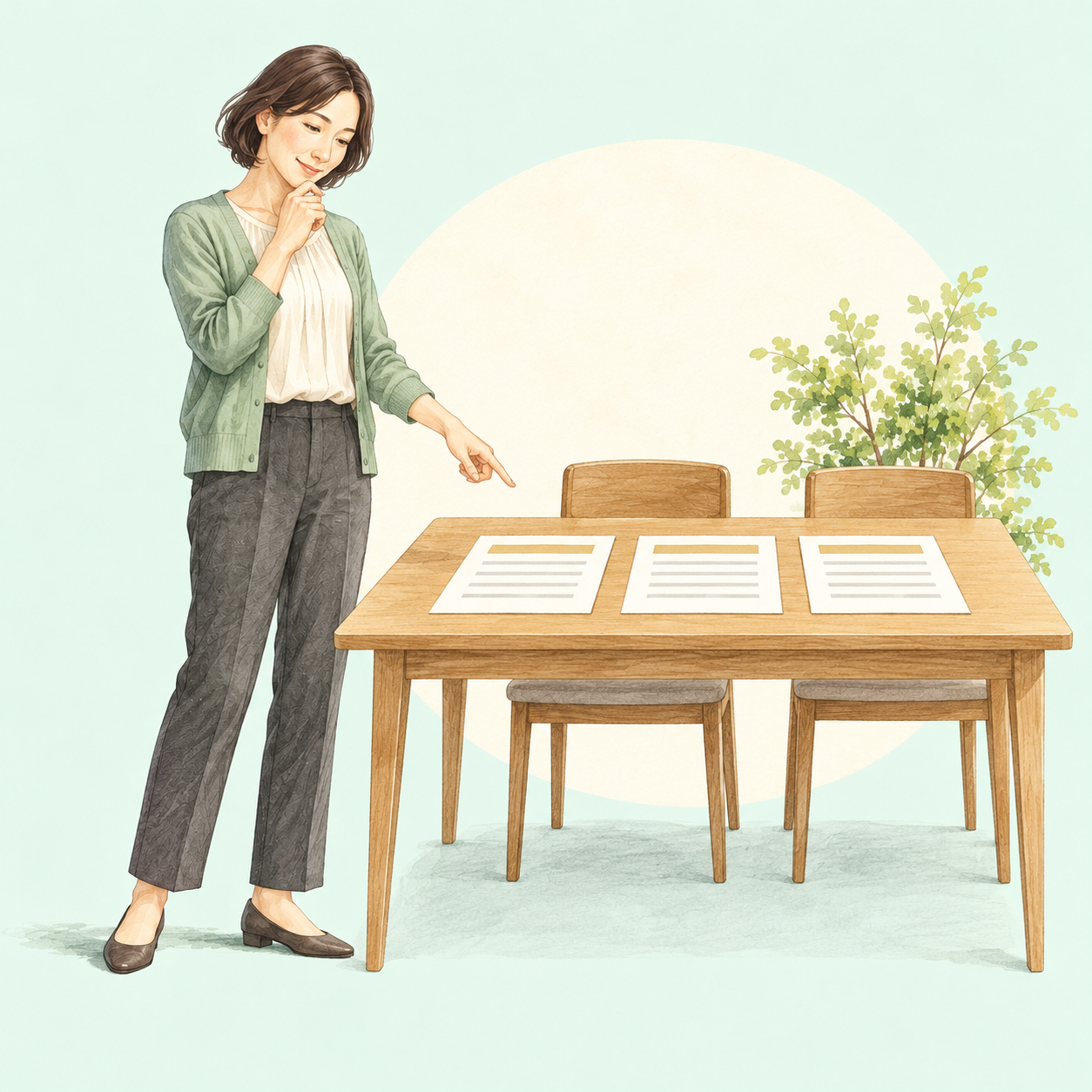 複数の見積もりを並べて見て、落ち着いて考えている人のイメージ