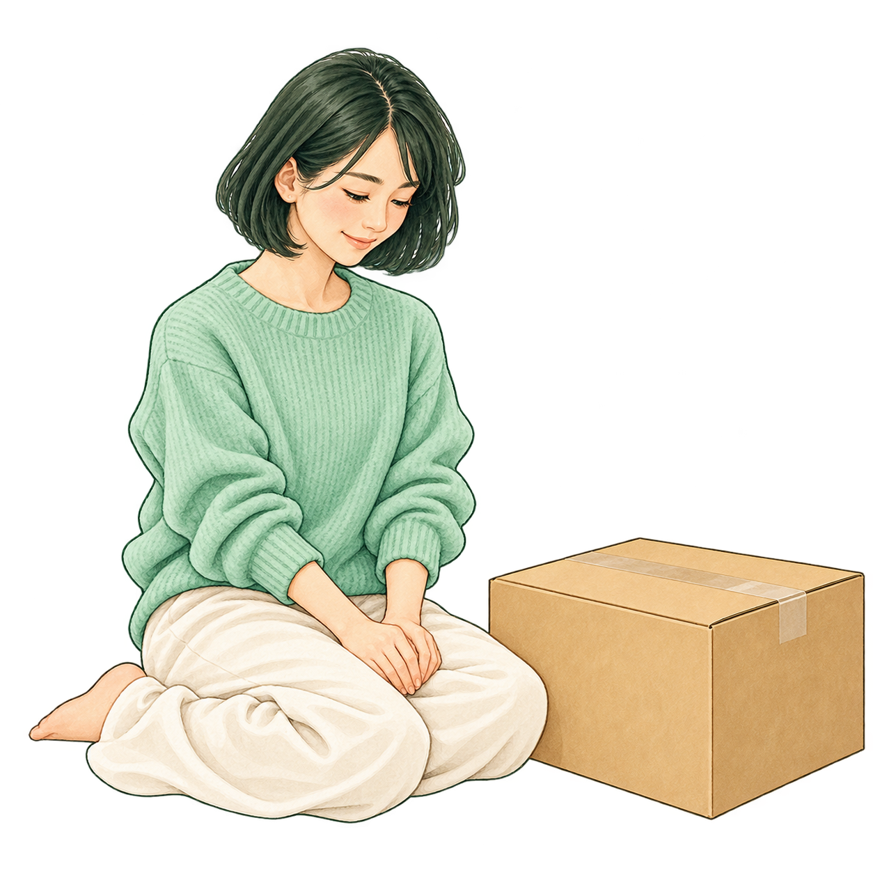 段ボールに詰めて、落ち着いて査定を待つ人のイメージ