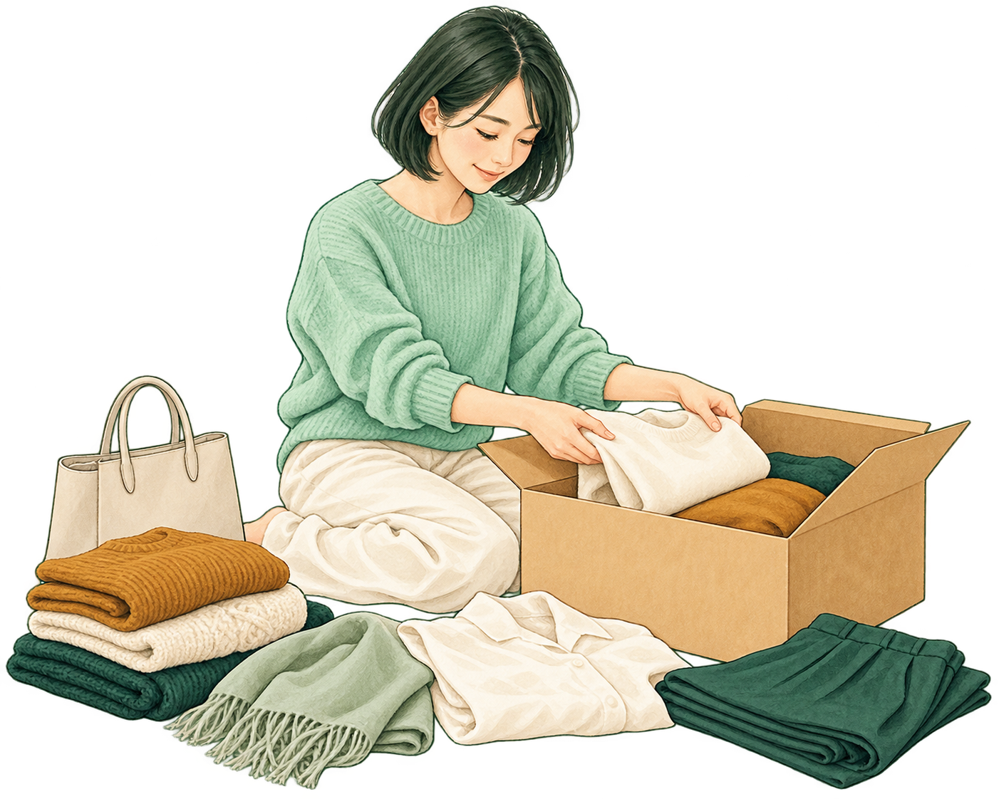 洋服を段ボールに詰めて、宅配買取に出す準備をする人のイメージ